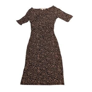 Boden Tencel Midi Dress Black Tan Dot Print Womens US 2R 3/4 Sleeve